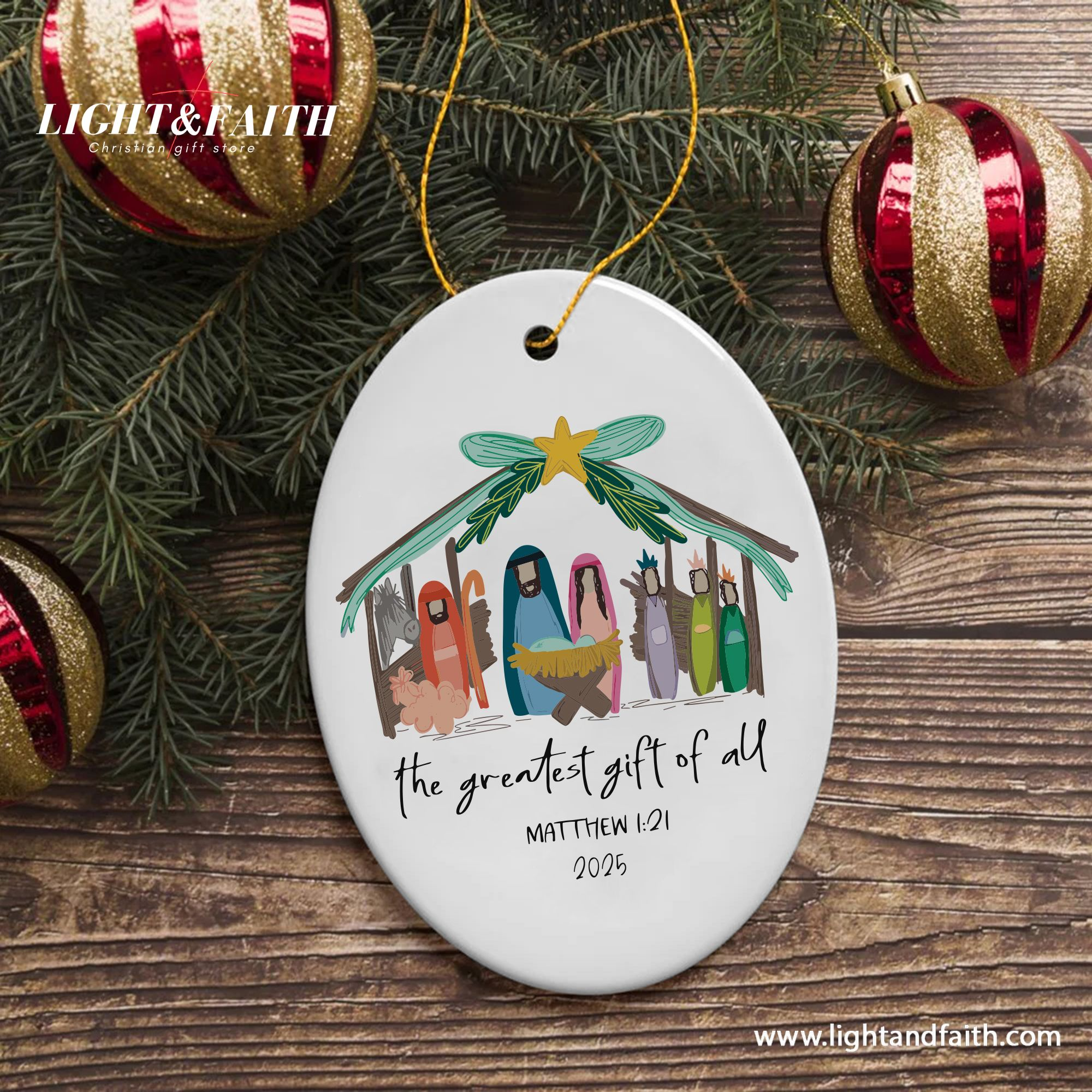Nativity Scene Christmas Ornament, Christian Holiday Decoration, Greatest Gift of All Matthew 1:21, Religious Xmas Tree Decor 2025 DCLAF30
